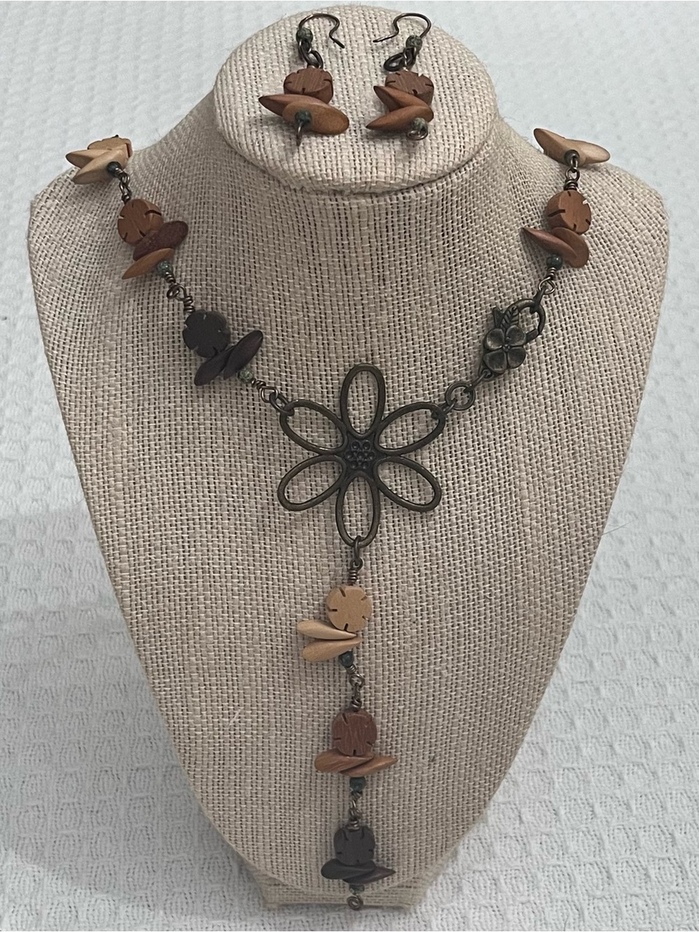 Handmade Wood Bead & Bronze Flower Necklace Set